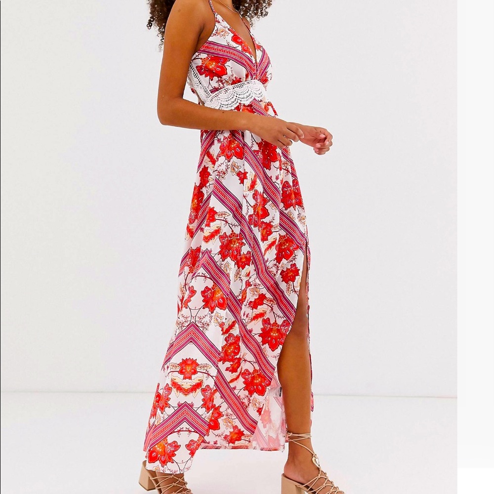 Lace details floral + stripe cami maxi dress